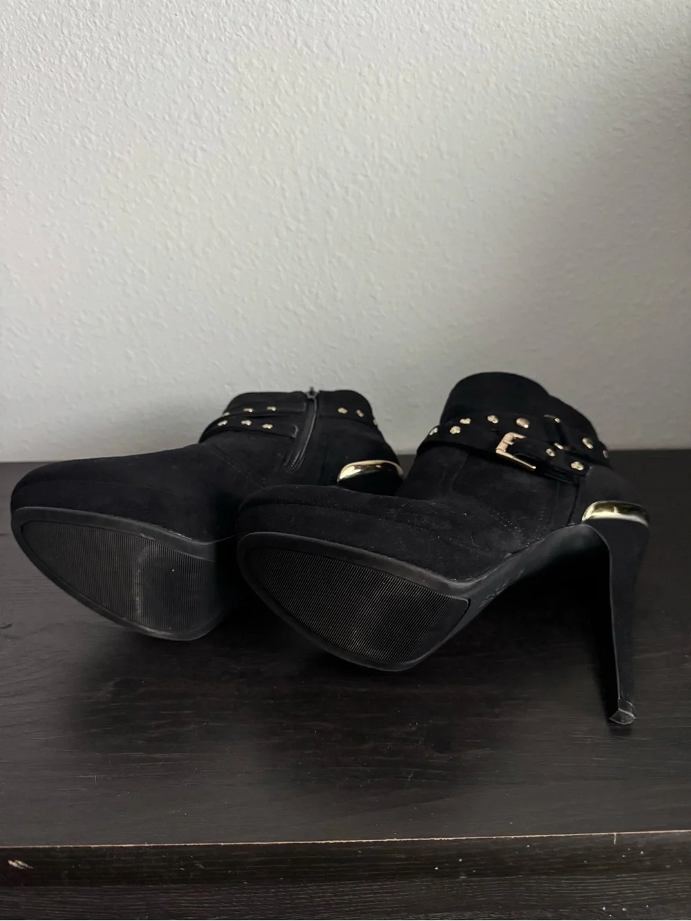 Women's Black Suede Ankle Boots with Studded Strap size 10